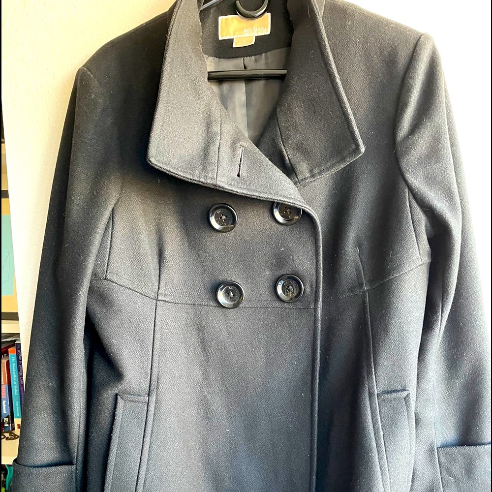 Pea Coat, highly styled.  Wool 80%, Nylon 20%.